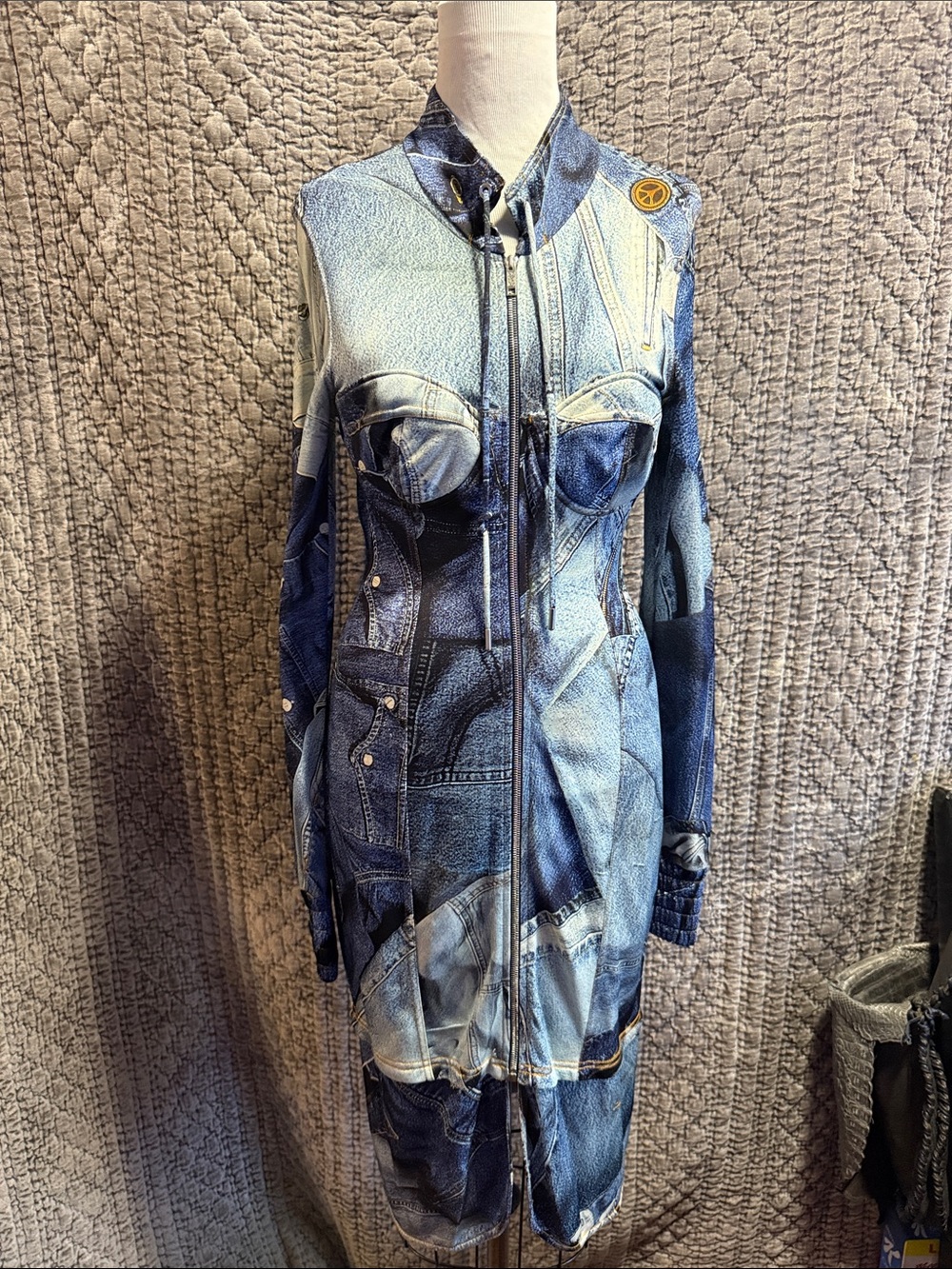 Patchwork Denim-Print Zip Front Women's Jacket - Blue